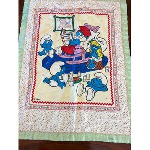 Vintage 1980s Smurfs Baby Blanket Home Smurf Home Polka Dot Ruffle Trim 43x33